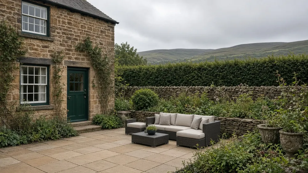 Example image: a buff sawn sandstone patio with an outdoor sofa behind a detached stone-built house in Guisborough