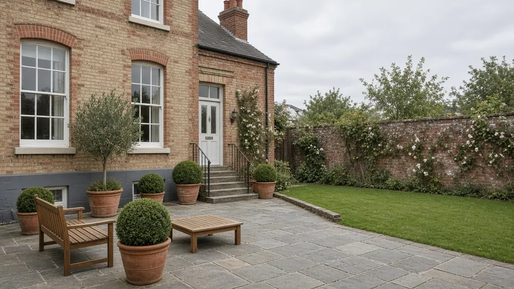Example image: a spacious grey Indian sandstone terrace behind a restored Victorian villa, with a teak table and mature planting