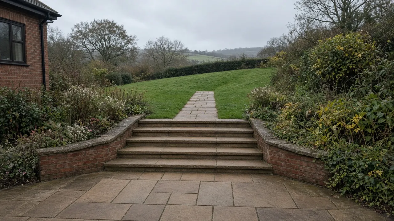Example image: three wide sandstone steps up a sloping garden, with low brick walls either side and a sandstone path above