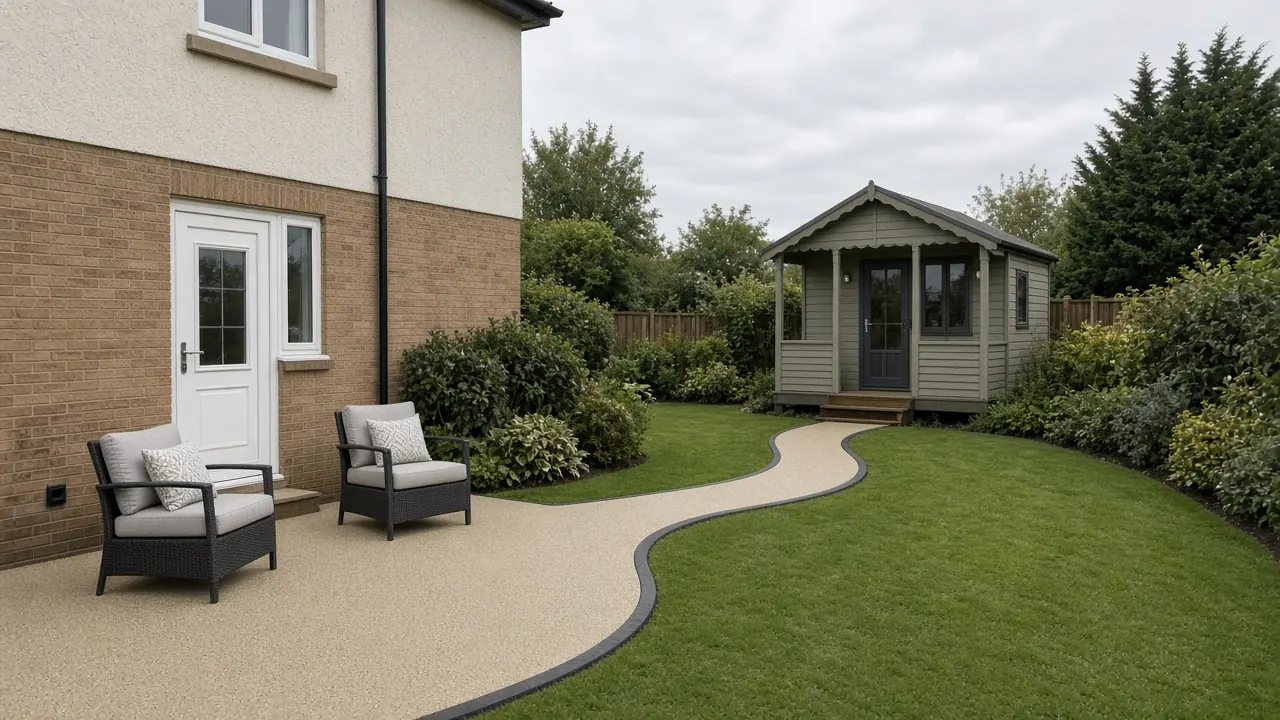 Example image: a golden resin-bound path curving across a lawn from a resin patio to a summerhouse