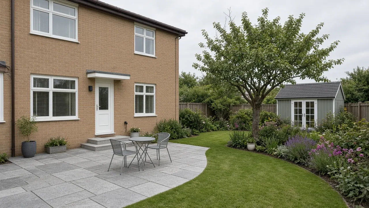 Example image: a grey slab patio with a bistro set behind a buff-brick detached house, with a summerhouse beyond