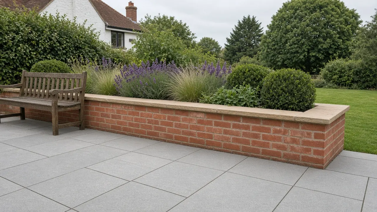 Example image: a low red brick wall with a stone coping forming a raised bed beside a grey patio